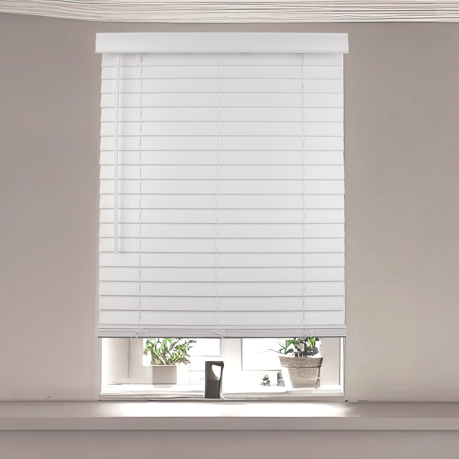 faux wood blinds in white with adjustable slats for light control and privacy.