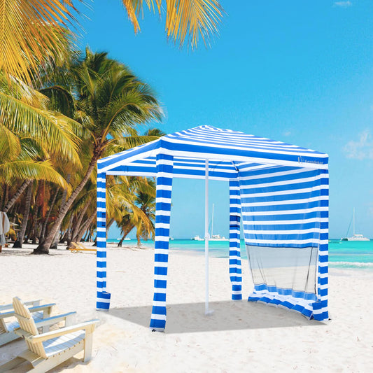 A portable beach cabana typically provide shade from the sun, protection from wind, and some privacy.