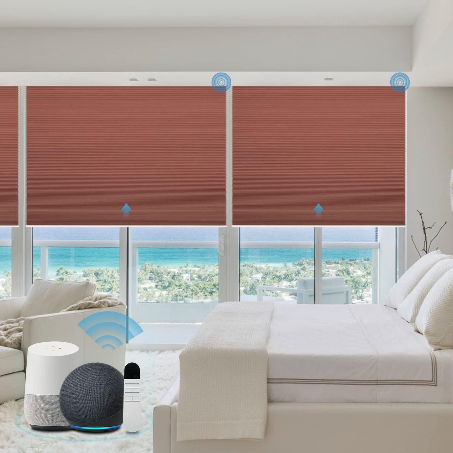 Motorized cellular shades remote and alexa controlled blinds