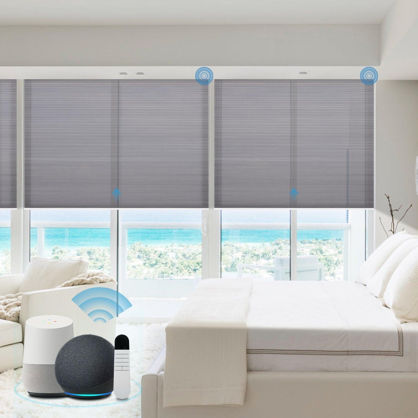 motorized light filtering honeycomb shades with alexa control