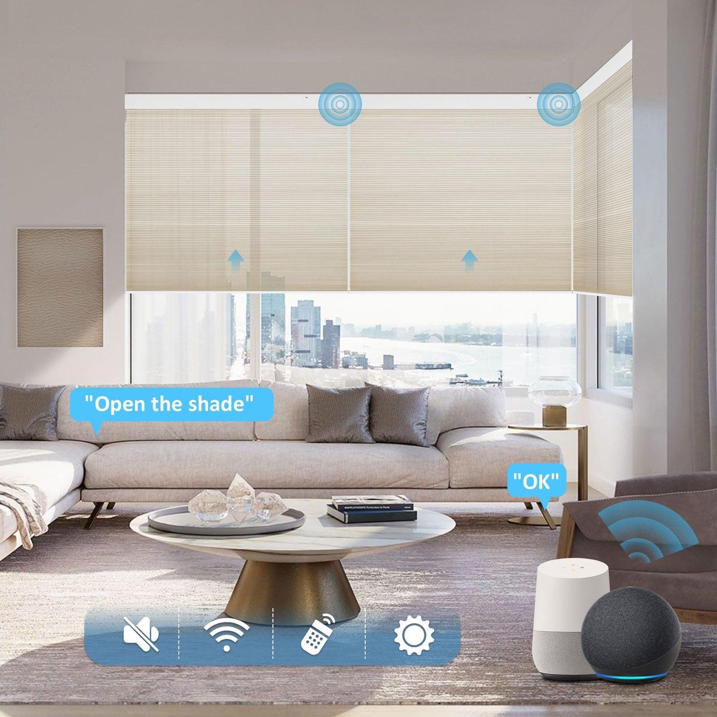 motorized light filtering honeycomb shades with alexa control