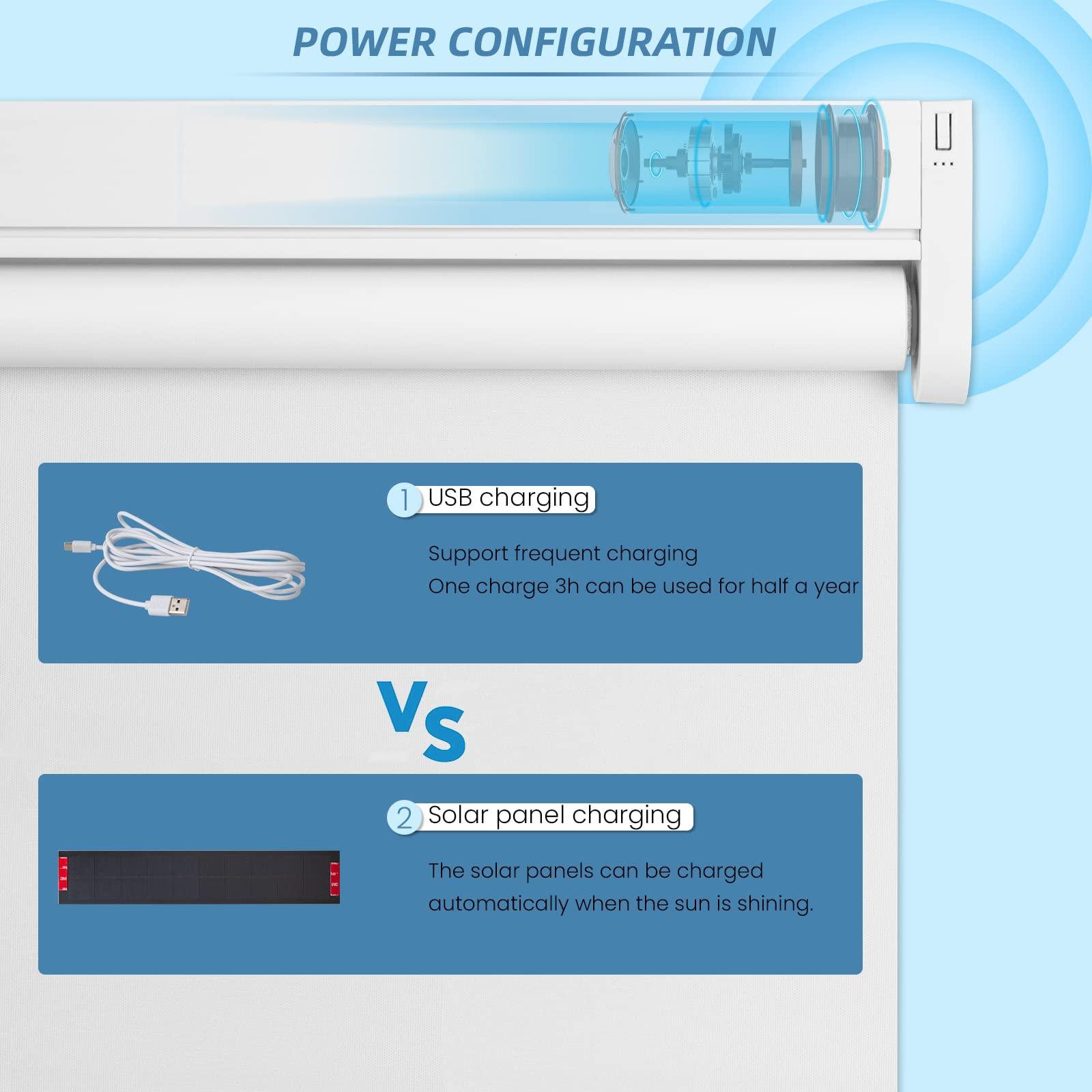 solar powered roller shades, rechargeable motorized blinds with usb-charging or solar panel