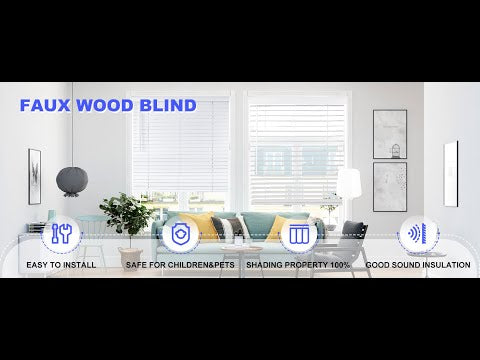 faux wood blinds in white with adjustable slats for light control and privacy.